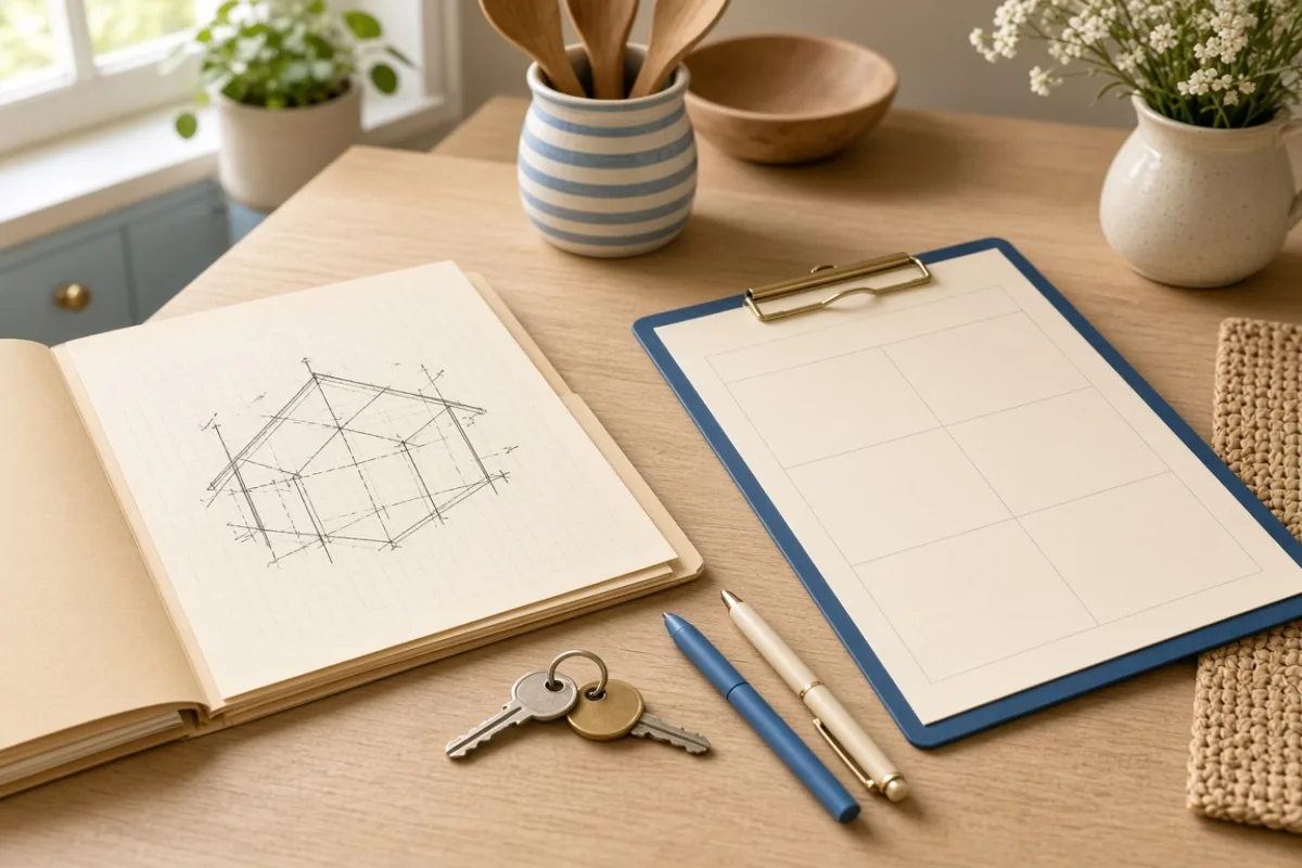 Contract folder and site survey notes on a kitchen table
