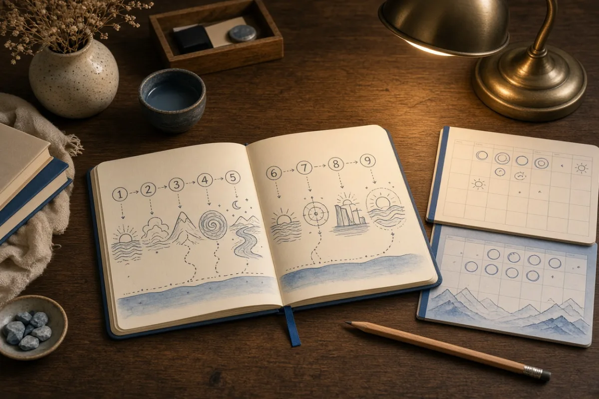 Editor desk with a phase notebook, calendar pages, and reading lamp