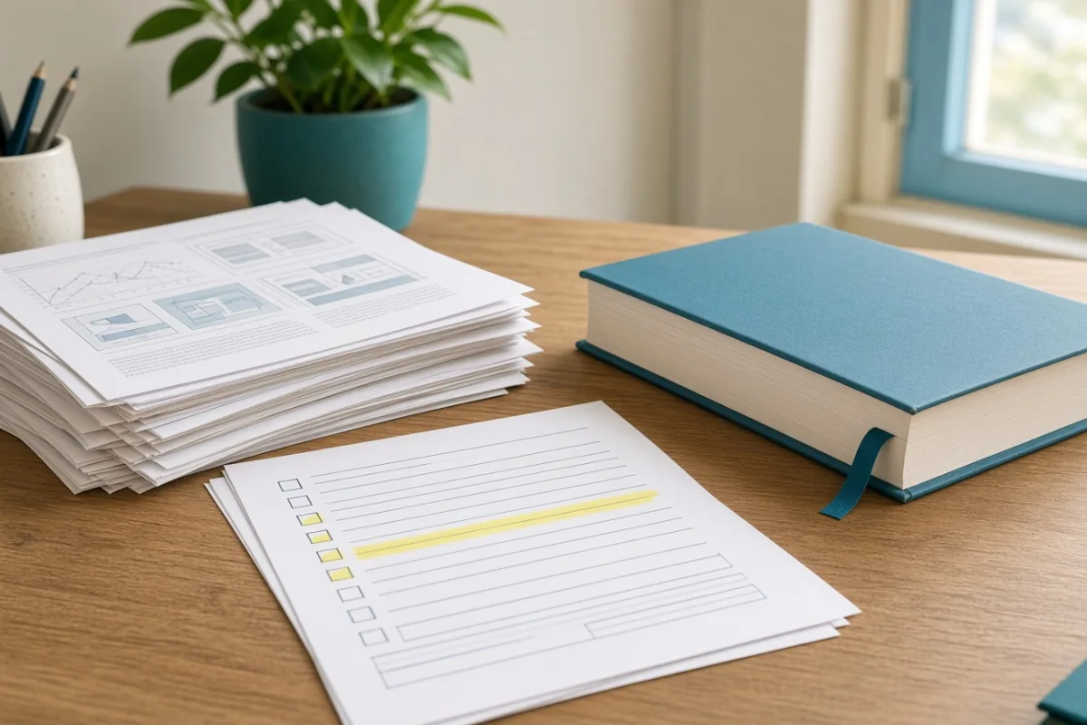 Research printouts and an electrical code manual on a wooden desk