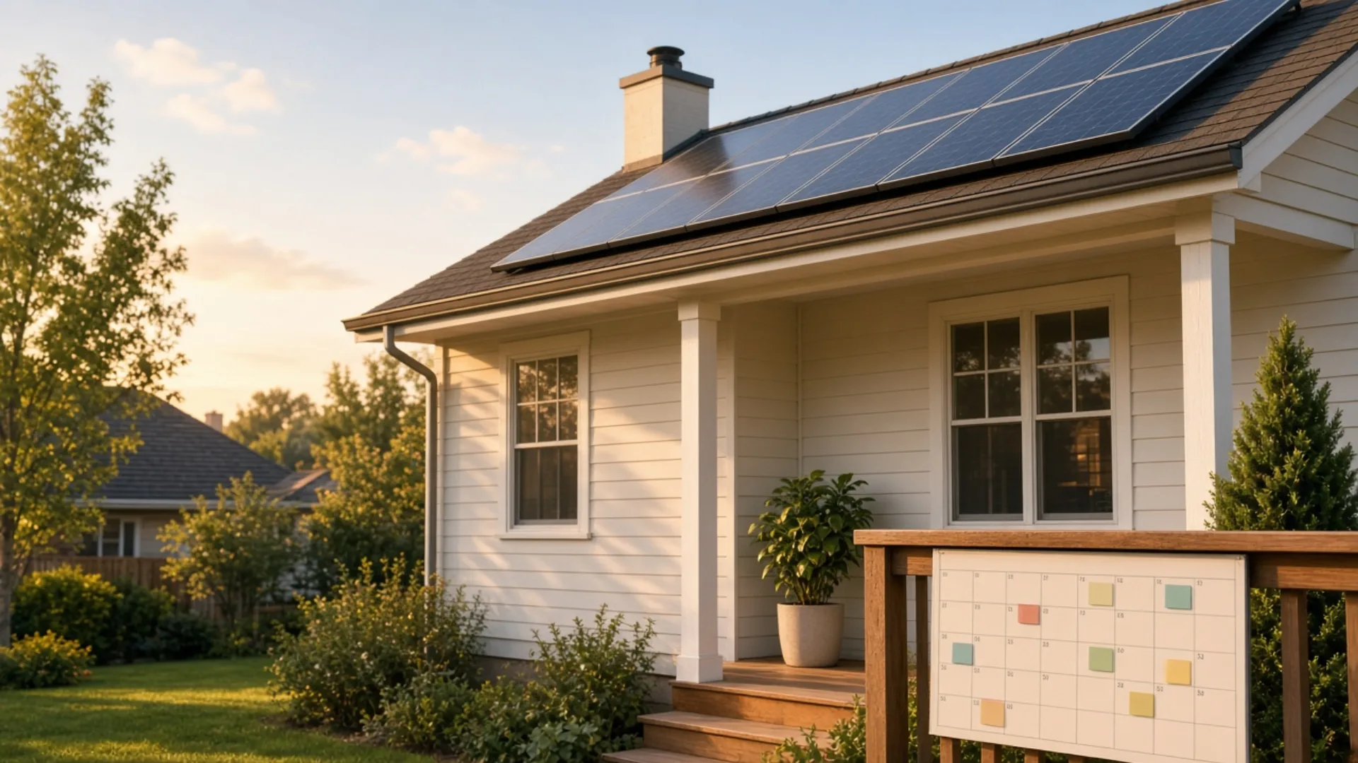 Suburban home with rooftop solar panels and a phase-marked calendar on the porch