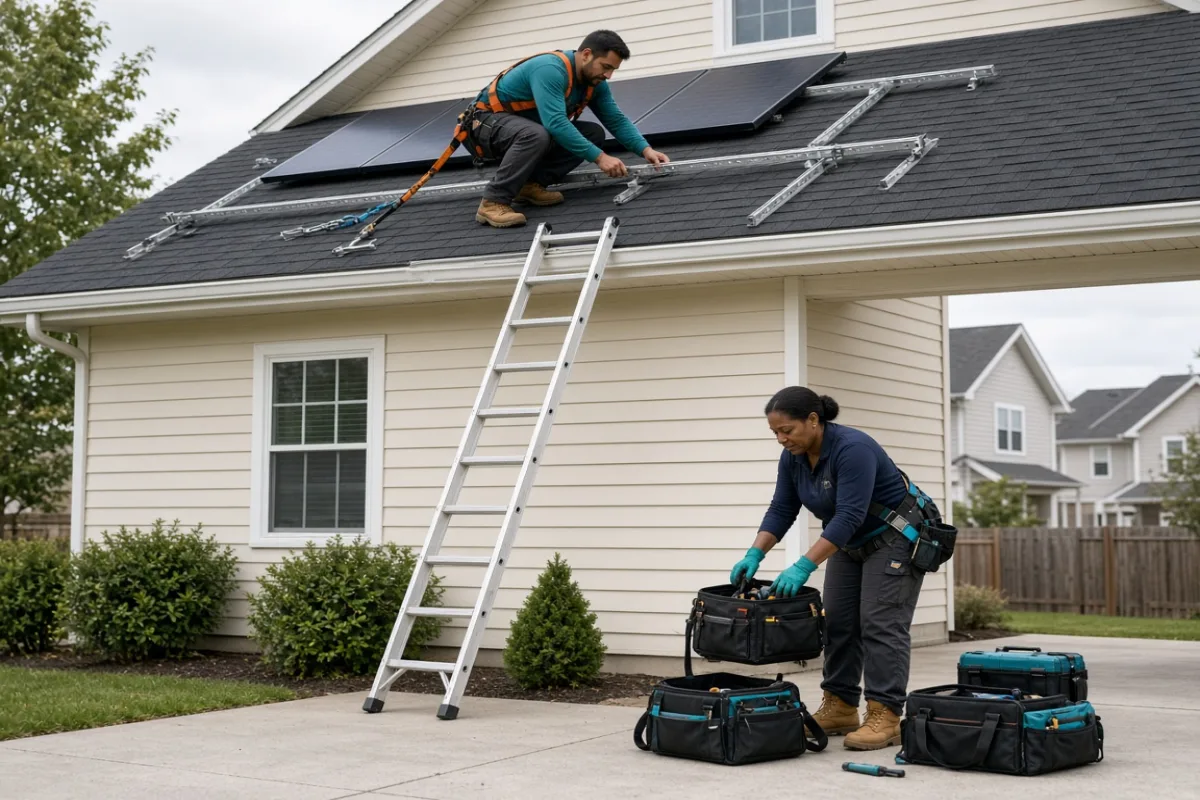 Solar crew installing panels on a suburban roof with safety gear in the driveway