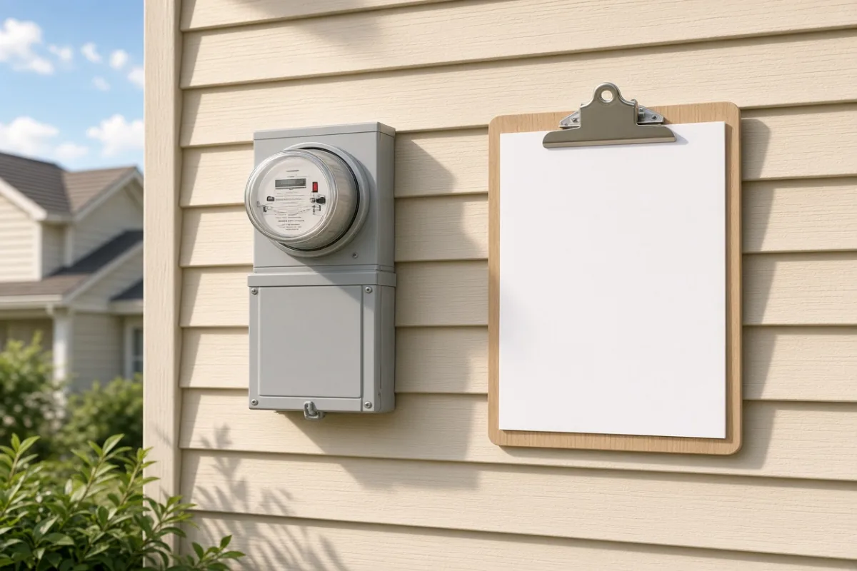 Residential electric meter beside interconnection paperwork on an exterior wall