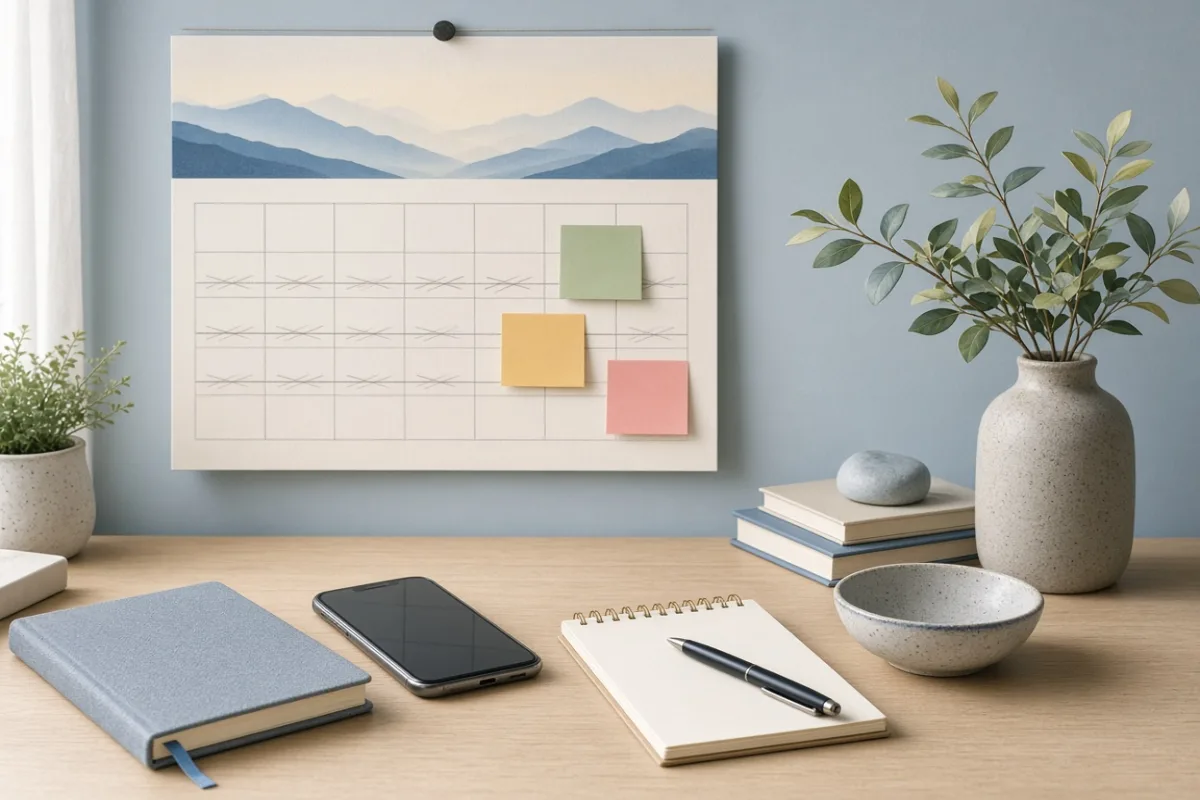 Wall calendar with crossed-out weeks and sticky notes marking project delays